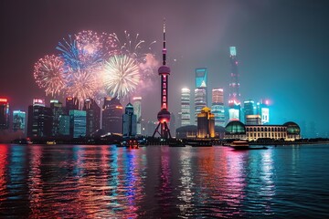 Houses on the waterfront, which are decorated with traditional Chinese paper lanterns, colorful fireworks exploding over Chinese skyscrapers in Shanghai on New Year