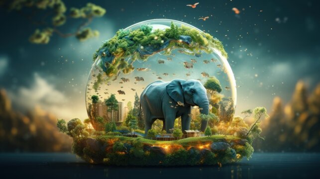 Fantasy landscape with green planet and elephant