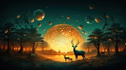 Fantasy landscape with trees, deer and moon.