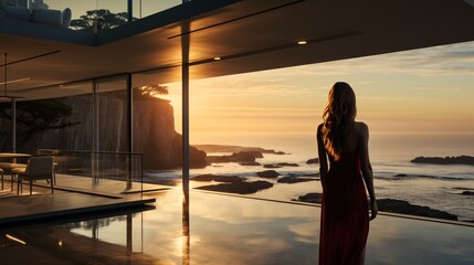 Female in contemporary home with view of sea. - obrazy, fototapety, plakaty