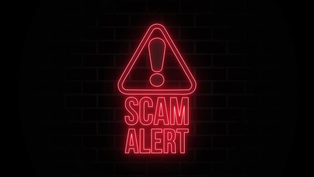 Scam Alert Icon Neon Sign on Brick Wall Background