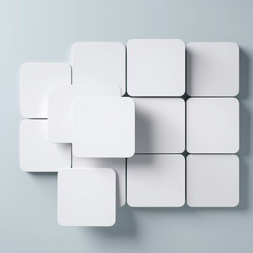 abstract white geometric background, minimal flat lay, twisted deck of square blank cards with rounded corners