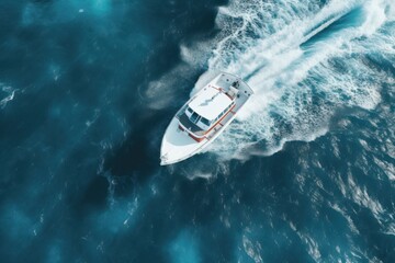 a beautiful modern white yacht sails on the blue sea and ocean, leaving a wave trail. top view - obrazy, fototapety, plakaty