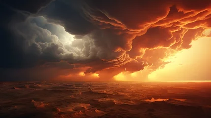 Photo sur Plexiglas Brun Mammatus clouds hang heavily in the sky post-storm, the sun's rays piercing through to illuminate the undulating landscape below.