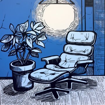wassily chair, artistic, simple, bold, in room with lamp and plant, architecture, lino print, sketch style, design, partially blue, interior design setting, art post 