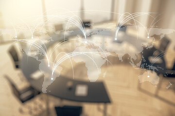 Double exposure of abstract digital world map hologram with connections on a modern meeting room...