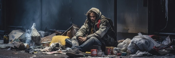 Homeless people close-up on city streets, housing problem - obrazy, fototapety, plakaty