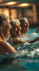 Active Senior Women Enjoying Aqua Fitness Class in Pool
