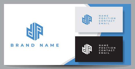 Letter logo DP in blue color isolated in white background presented with a business cards template design.