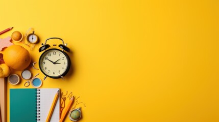 School supplies and alarm clock on yellow background. Back to school concept