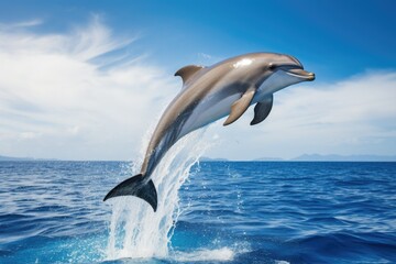 A joyful dolphin leaps playfully in the blue ocean, showcasing its intelligence and love for life.