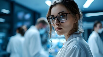Fototapeta premium Young Female Scientist in Laboratory with Team