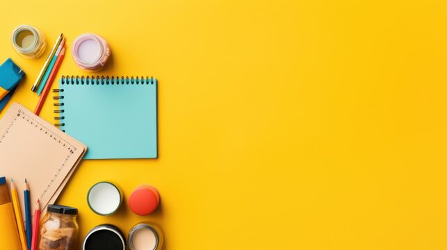 Top view of colorful stationery on yellow background, space for text