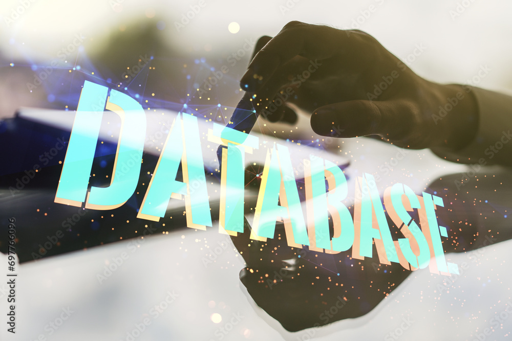 Aufkleber double exposure of database word sign with finger clicks on a digital tablet on background, global r
