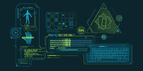 Futuristic HUD interface for entering and decoding personal data.