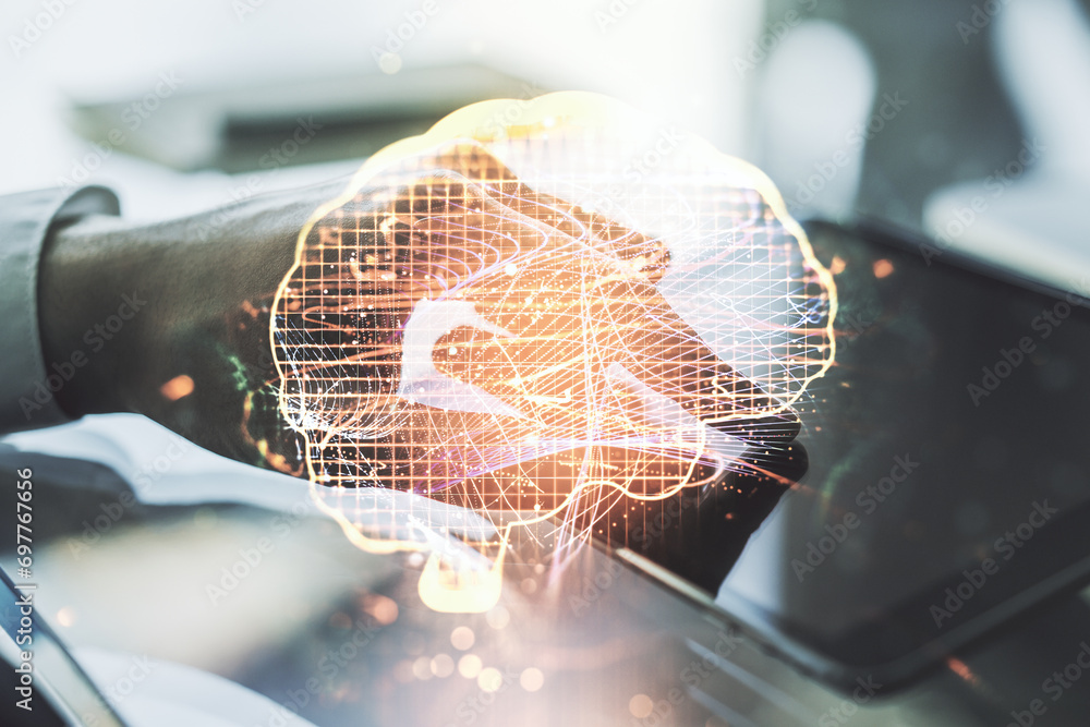 Poster creative artificial intelligence concept with human brain sketch and finger presses on a digital tab