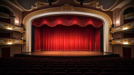 Red curtain of a theater, empty theater