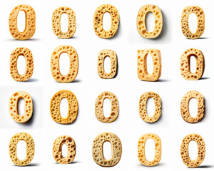 Group of various 0 shaped digits made from yellow cheese isolated on white background. Preschool mathematics studying. Generative ai. Cheese font theme.