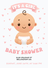 Cute baby shower invitation card for baby and kids new born celebration. It's a girl card with little baby girl and hearts. Design template card.
