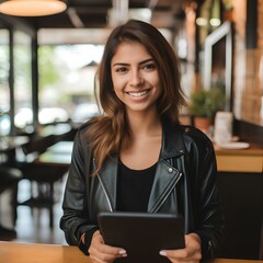 Mexican Latina woman holding a tablet device because she works remotely - obrazy, fototapety, plakaty
