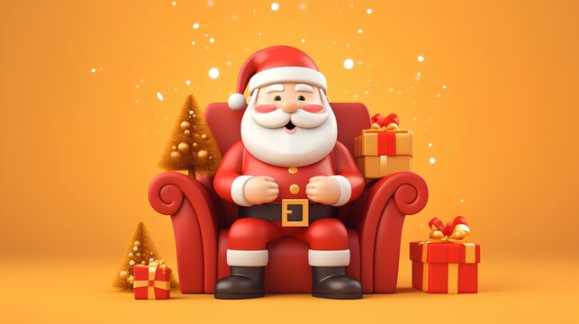 Santa Claus 3d render, sitting in an armchair with gifts and christmas balloons