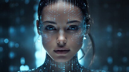 a woman with glowing dots on her face - obrazy, fototapety, plakaty