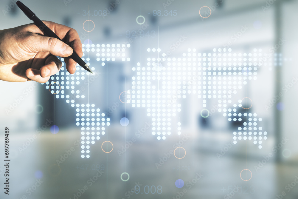 Poster multi exposure of businessman hand with pen working with abstract graphic world map on blurred offic