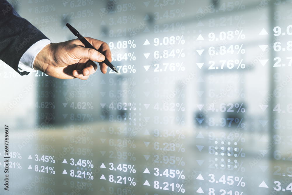 Poster man hand with pen working with abstract virtual analytics data spreadsheet on blurred office backgro