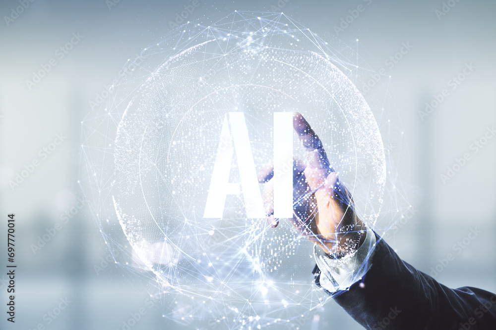 Poster man hand clicks on creative artificial intelligence symbol hologram on blurred office background. do