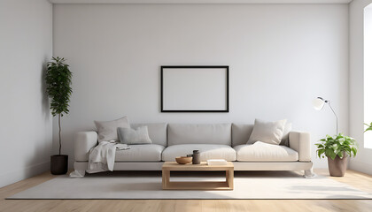 A minimalist living room with Japanese-inspired decor, and a blank white frame mock up on a clean white wall. 