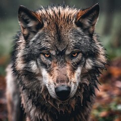 portrait photo of a wolf in a natural environment in the rain,generated with AI.