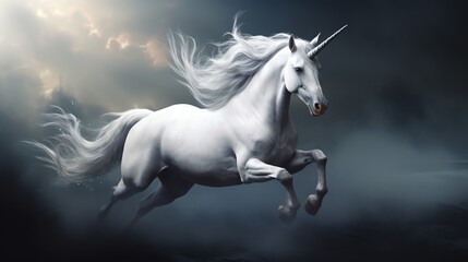 a white unicorn running in the clouds - obrazy, fototapety, plakaty