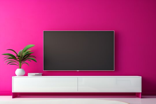 a tv on a pink wall
