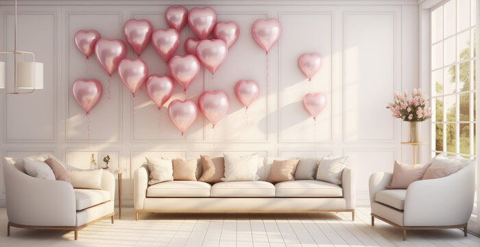 sal&oacute;n moderno decorado con gran sof&aacute; con cojines junto a mesita y jarr&oacute;n con flores y ventana lateral, sobre fondo de pared decorada con globos rosas con forma de coraz&oacute;n