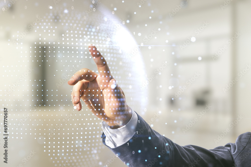 Poster multi exposure of businessman hand clicks on abstract graphic world map on blurred office background