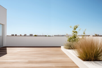 Empty outdoor roof terrace with potted plants in minimal style - obrazy, fototapety, plakaty