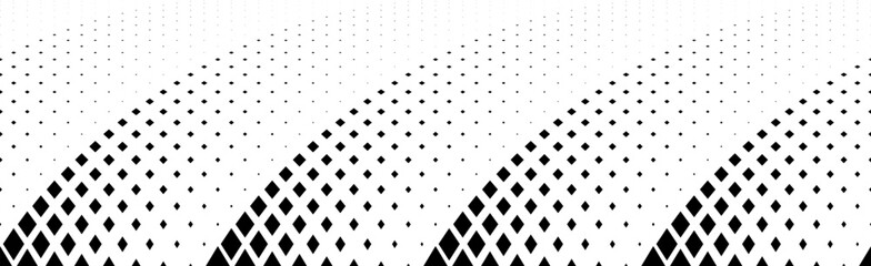 Geometric pattern of black rhombs on a white background. Seamless in one direction. Option with an average fade out. The radial grid
