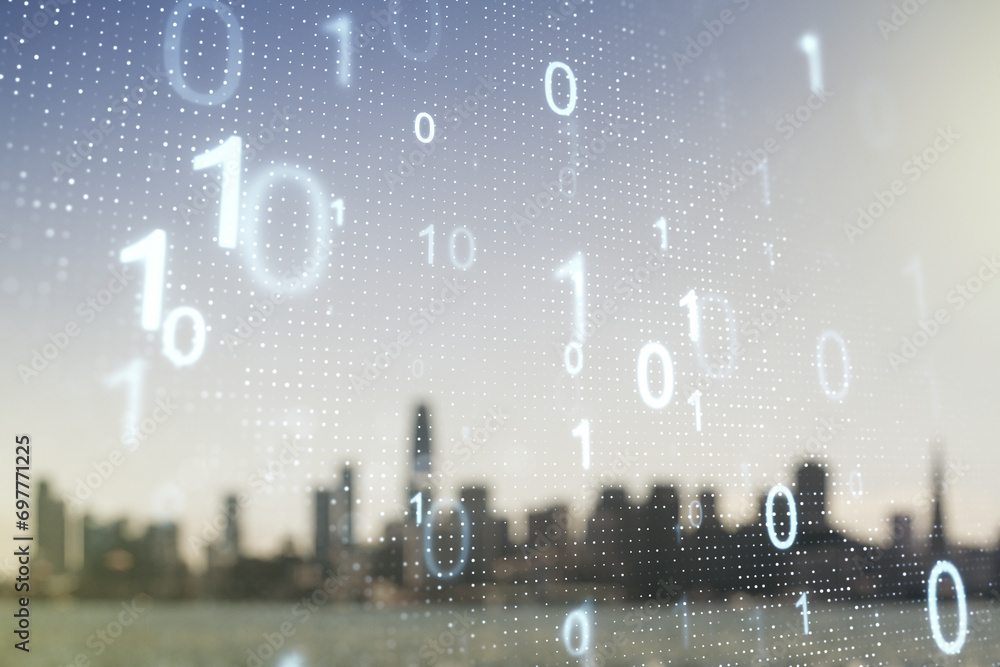 Leinwandbilder double exposure of abstract virtual binary code hologram on blurry cityscape background. database an