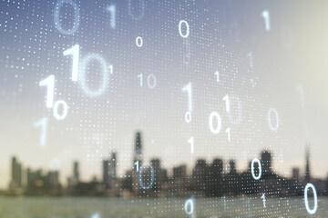 Double exposure of abstract virtual binary code hologram on blurry cityscape background. Database and programming concept