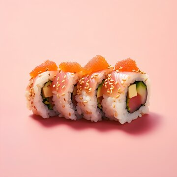 Asian and oriental food, sulli rolls on a salmon colored background