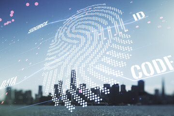 Abstract virtual fingerprint illustration on San Francisco cityscape background, personal biometric data concept. Multiexposure