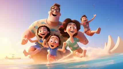 Family having fun on the beach, they are happy, 3d render