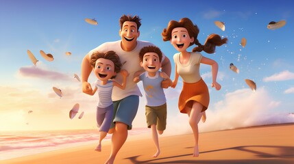 Family having fun on the beach, they are happy, 3d render