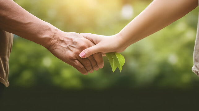 Senior couple holding hands together over green nature background.