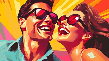 Vibrant portrait in retro pop art style of laughing couple in sunglasses capturing playful comic book aesthetics, symbolizes enduring joy of togetherness adventures, vibrant vintage promotional poster