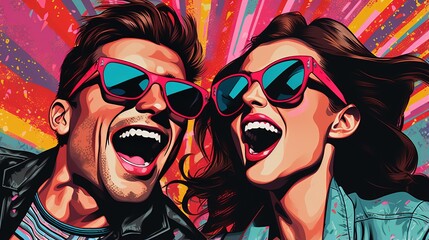 Lively vibrant portrait of laughing couple in sunglasses against multicolored background adorned with vivid confetti in retro pop art style, joyful celebration and moments of happiness of togetherness