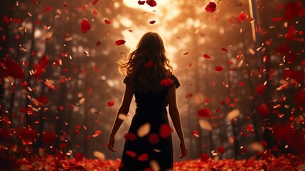 Back view of long haired young girl stands bathed in sunlight under red rose petals gently cascade, symbolizing blossoming femininity and delicate youthfulness, tenderness, and youthful charm