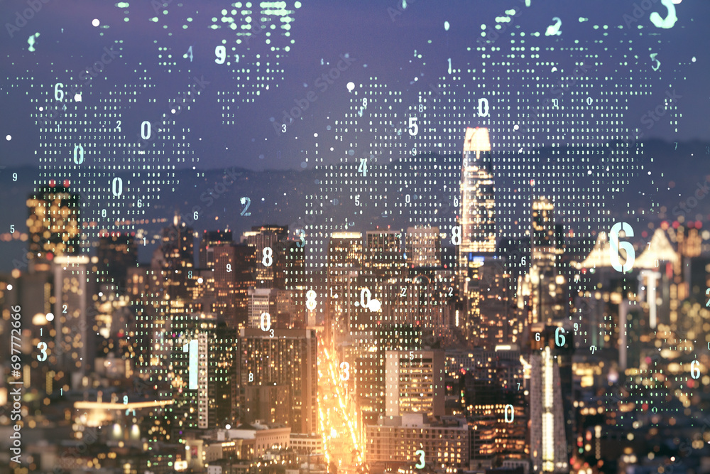 Poster double exposure of abstract creative programming illustration and world map on san francisco office 