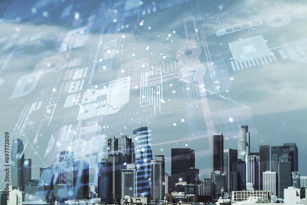 Poster abstract virtual coding illustration on los angeles cityscape background, software development conce