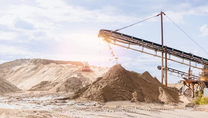 Fotobehang Sand quarry banner, Industrial plant with belt conveyor in open pit mining. Construction site, Industry machine for stone crusher © Parilov